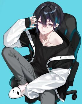 Rule 34 | 1boy, animal slippers, aqua background, aqua eyes, arm up, black hair, black shirt, chair, feet on chair, from above, gaming chair, grey pants, hair between eyes, hashtag-only commentary, highres, jacket, leg up, mayuzumi kai, mayuzumi kai (1st costume), multicolored hair, multicolored jacket, nijisanji, on chair, open clothes, open jacket, pants, parted lips, shirt, short hair, simple background, single sleeve past fingers, single sleeve past wrist, slippers, solo, streaked hair, swivel chair, take 426, two-tone jacket, virtual youtuber