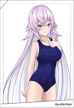 1girl absurdres breasts collarbone cowboy_shot grimms_notes hand_up highres large_breasts long_hair looking_at_viewer magic_mirror_(grimms_notes) old_school_swimsuit purple_eyes purple_hair school_swimsuit solo sterben_(sterben_dead) swimsuit very_long_hair