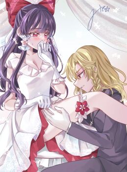 2girls alternate_costume biting biting_another's_clothes biting_clothes black_jacket black_pants blonde_hair blush bow braid breasts bridal_veil cleavage collared_jacket collared_shirt commentary_request couple covering_own_mouth curtains dress dress_shirt eyelashes flower frilled_dress frilled_gloves frilled_hair_tubes frills from_side gloves hair_bow hair_flower hair_ornament hair_tubes hakurei_reimu hakurei_reimu_(pc-98) highres holding_another's_leg jacket kirisame_marisa leg_up legband long_dress long_hair medium_hair mito_(fate) multiple_girls pants pink_eyes purple_hair red_bow red_eyes red_flower red_trim shirt sidelocks signature sitting sparkle suit_jacket sweatdrop touhou touhou_(pc-98) tuxedo veil wedding wedding_dress white_dress white_gloves white_shirt wife_and_wife yuri