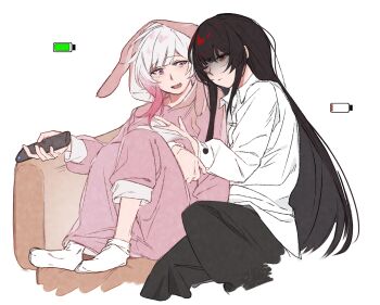 2girls battery_indicator black_hair black_pants blush chinese_commentary collared_shirt commentary_request controller exhausted fang heihuamu1 holding holding_remote_control hug long_hair long_sleeves mahou_shoujo_no_majo_saiban multiple_girls nikaido_hiro onesie open_mouth pants pink_eyes pink_hair red_eyes remote_control sakuraba_ema shirt simple_background smile socks white_background white_hair white_shirt white_socks yuri