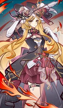 1girl absurdres blonde_hair bow chinese_commentary commentary_request elbow_gloves fire gloves hat hat_feather highres holding long_hair looking_at_viewer nius_invokation_tcg(style) original red_skirt sisan_eryi skirt solo standing thigh_strap watermark white_gloves yellow_eyes