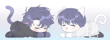 2boys :3 black_coat black_hair cat_tail chibi chibi_only closed_eyes coat commentary_request curtained_hair flustered full_body furrification furry kim_dokja korean_commentary lying maga_mok23 male_focus multiple_boys omniscient_reader&#039;s_viewpoint on_ground on_stomach outstretched_arms paw_print short_hair tail white_coat yoo_joonghyuk