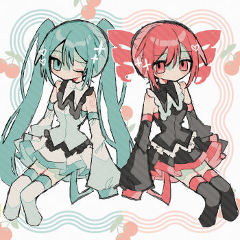 2girls aqua_eyes aqua_hair black_shirt black_skirt black_thighhighs cherry_background detached_sleeves drill_hair feet_out_of_frame hatsune_miku highres kasane_teto long_hair long_sleeves looking_at_viewer miniskirt multiple_girls okashira_moppu one_eye_closed red_eyes red_hair shirt sitting skirt sleeveless sleeveless_shirt sleeves_past_fingers sleeves_past_wrists thighhighs twin_drills twintails utau very_long_hair vocaloid white_shirt white_skirt white_thighhighs