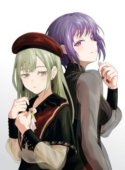 Rule 34 | 2girls, absurdres, amoris (bang dream!), ave mujica (bang dream!), back-to-back, bang dream!, bang dream! it's mygo!!!!!, beret, commentary, earrings, english commentary, grey hair, hat, highres, jewelry, knew nothing, light blush, long hair, looking at another, mortis (bang dream!), mortis (costume) (bang dream!), multiple girls, purple eyes, purple hair, red hat, red nails, short hair, simple background, smile, wakaba mutsumi, yellow eyes, yuutenji nyamu