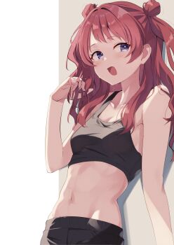1girl absurdres black_tank_top blue_eyes breasts brown_hair cleavage collarbone cropped_shirt gakuen_idolmaster hanami_saki highres idolmaster long_hair looking_at_viewer medium_breasts midriff navel open_mouth pandoa_(mikage0495) smile solo tank_top two_side_up