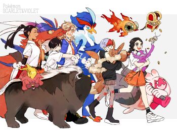 2boys 3girls black_boots black_hair black_hoodie black_socks blue_eyes blue_hair blue_vest blush boots braid brown_hair chi-yu_(pokemon) closed_eyes coin colored_sclera commentary_request copyright_name dark-skinned_female dark_skin doaaaaaaaaaa dog eevee eevee_backpack floating florian_(pokemon) gen_1_pokemon gen_3_pokemon gimmighoul gimmighoul_(chest) gimmighoul_(roaming) hammer highres holding holding_coin holding_hammer holding_poke_ball holding_pokemon holding_tera_orb hood hood_down hoodie hug_from_side juliana_(pokemon) koraidon licking licking_another&#039;s_face long_hair mabosstiff maschiff maushold maushold_(family_of_four) medium_hair mouse_(animal) mouth_hold multicolored_hair multiple_boys multiple_girls naranja_academy_school_uniform necktie nemona_(pokemon) nintendo open_clothes open_mouth open_vest orange_eyes orange_necktie orange_shorts pantyhose penny_(pokemon) poke_ball poke_ball_(basic) pokemon pokemon_(creature) pokemon_sv ponytail print_pantyhose quaquaval red_hair sableye school_uniform see-through_clothes see-through_skirt sharp_teeth shirt shoes short_hair short_sleeves shorts simple_background single_braid skirt smile socks teeth tera_orb tinkaton tongue tongue_out two-tone_hair upper_teeth_only v-shaped_eyebrows very_short_hair vest white_shirt white_shoes yellow_sclera