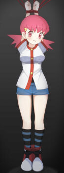 1girl akacolor arms_up black_shirt blue_shorts bound bound_ankles bound_wrists breasts buttons commentary commission eyelashes full_body hair_ornament hairclip highres jacket looking_at_viewer nintendo open_mouth pink_eyes pink_hair pokemon pokemon_hgss shirt shoes short_shorts short_sleeves shorts skeb_commission socks solo standing striped_clothes striped_socks thighs white_jacket whitney_(pokemon)