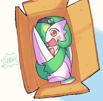 1girl black_hairband bob_cut box cardboard_box colored_skin full_body gardevoir gen_3_pokemon green_hair green_skin hair_over_one_eye hairband highres hugging_own_legs in_box in_container legs_together legs_up mega_stone melfunnysmell multicolored_skin nintendo one_eye_covered pokemon pokemon_(creature) red_eyes short_hair two-tone_skin white_skin