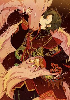 Rule 34 | 1boy, amanemio2, black gloves, black hair, closed eyes, commentary, dragon, dragon print, earrings, ensemble stars!, fingerless gloves, fingernails, gloves, hand up, jewelry, kagehira mika, long sleeves, male focus, nail polish, official alternate costume, official alternate hairstyle, ougonten (ensemble stars!), red nails, short hair, single glove, solo, symbol-only commentary