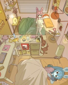 2girls absurdly_detailed_composition bare_legs bed blue_hair book bow breasts candle character_doll character_request cleavage coffee_mug commentary_request computer_keyboard computer_mouse cup desk diglett dildo doko_demo_issyo doll eevee furry furry_female gen_1_pokemon gen_4_pokemon gen_6_pokemon glaceon highres inconspicuous_sex_toy indoors inoue_toro jewelry key lamp loaded_interior long_hair mike_no_hito mug multiple_girls necklace nintendo pencil_case personification pillow pink_shirt poke_ball pokemon poster_(object) power_strip sex_toy shirt sitting slice_of_life stuffed_animal stuffed_toy sylveon unworn_jewelry unworn_necklace vase white_bow yellow_shirt