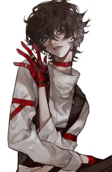 Rule 34 | 1boy, absurdres, amamiya ren, black eyes, black hair, chinese commentary, commentary request, earrings, eyelashes, gloves, hair between eyes, hand up, harness, highres, jewelry, lin09, long sleeves, male focus, persona, persona 5, red gloves, simple background, solo, stud earrings, sweater, turtleneck, turtleneck sweater, upper body, white background, white sweater