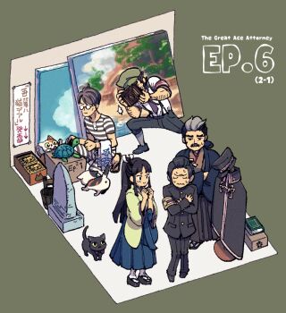 Rule 34 | 2girls, 3boys, :|, ace attorney, animal, arm hair, armband, arrow (symbol), black cloak, black eyes, black footwear, black hair, black hakama, black headwear, black jacket, black pants, blue hakama, blunt bangs, blush, book, bow, bowtie, box, brown kimono, buttons, newsboy cap, camera, cardboard box, cat, clenched hands, cloak, closed eyes, closed mouth, clothed animal, clothes, colored sclera, copyright name, crossdressing, crossed arms, english text, facial hair, father and daughter, flat chest, forehead, full body, glasses, green background, green headwear, grey hair, grey legwear, hair ribbon, hakama, hakama skirt, half-closed eyes, hands up, haori, hat, holding, holding camera, jacket, japanese clothes, japanese text, kimono, kneehighs, knees together feet apart, legs apart, long hair, long sleeves, looking at another, multicolored hair, multiple boys, multiple girls, mustache, necktie, nervous, old-fashioned swimsuit, on one knee, one-piece swimsuit, opaque glasses, own hands together, painting (object), pants, paper, parted bangs, pencil behind ear, platform footwear, pocket, ponytail, purple necktie, raiten menimemo, red bow, red bowtie, rei membami, ribbon, ryutaro naruhodo, sandals, satoru hosonaga, shino (shino dgs), shirt, shoes, short hair, short sleeves, sidelocks, sign, simple background, skirt, socks, standing, striped clothes, striped one-piece swimsuit, striped shirt, susato mikotoba, suspenders, sweat, swimsuit, tabi, taking picture, tape, the great ace attorney, the great ace attorney 2: resolve, towel, translation request, trash can, turtle, two-tone hair, v-shaped eyebrows, wagahai (ace attorney), wavy mouth, white legwear, white ribbon, white shirt, x anus, yellow kimono, yellow sclera, yujin mikotoba