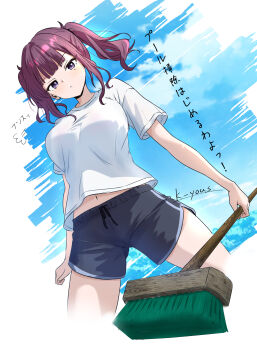 1girl :< alternate_costume blue_sky blunt_bangs breasts commentary cropped_legs dolphin_shorts dutch_angle from_below hair_tie highres holding k-yous large_breasts legs_apart looking_at_viewer midriff mole mole_under_eye natsuki_karin purple_eyes purple_hair serious shirt shorts signature sky solo synthesizer_v t-shirt translation_request twintails white_shirt