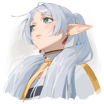1girl absurdres blush capelet carlo_montie closed_mouth cropped_torso earrings elf floating_earrings frieren green_eyes grey_hair highres jewelry long_hair meme parted_bangs pointy_ears simple_background solo sousou_no_frieren teardrop_earrings twintails upward_angle_frieren_drawing_(meme) white_capelet white_hair