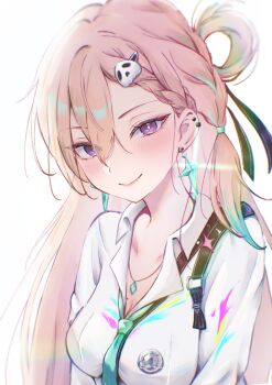 0_tsunamayo_0 1girl absurdres aqua_necktie blonde_hair blush breasts cleavage closed_mouth collared_shirt commentary earrings hair_ornament highres jewelry long_hair looking_at_viewer lynae_(wuthering_waves) medium_breasts multicolored_hair necklace necktie purple_eyes shirt simple_background skull_hair_ornament smile solo star_(symbol) star_earrings streaked_hair upper_body white_background white_shirt wuthering_waves