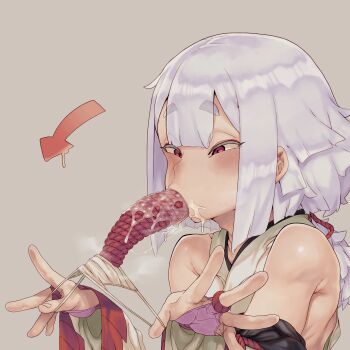 1girl bare_shoulders blush breasts bridal_gauntlets deepthroat detached_sleeves dildo dildo_gag dildo_under_mask fellatio female_focus gag hans.b highres japanese_clothes long_hair mask meme mouth_mask oral original red_eyes saliva sex_toy silver_hair sleeveless solo surgical_mask thick_eyebrows upper_body wide_sleeves