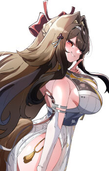 1girl absurdres animal_ears armlet black_streaks breasts brown_hair caseee999 china_dress chinese_clothes clover_hair_ornament commentary dress droopy_ears finger_to_mouth fox_ears fox_girl fox_tail grin hair_ornament headband highres jewelry large_breasts long_hair red_eyes ribbon shushing sleeveless smile tail tassel very_long_hair white_background ye_shunguang zenless_zone_zero