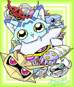 Rule 34 | blue fur, body fur, candy, chibi, craniummon, dated, digimon, digimon (creature), duftmon, dukemon, food, gankoomon, green eyes, group picture, hiragana digimon royal knights monogatari, jesmon, knight, lollipop, lordknightmon, magnamon, omegamon, release celebration, signature, simple background, ulforcev-dramon, wanyamon, yabuno ten'ya, yellow eyes