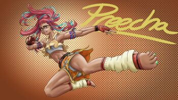 Rule 34 | 1boy, blue hair, bra, cropped shirt, dark-skinned female, dark skin, fatal fury, fatal fury: city of the wolves, glasses, male focus, midriff, multicolored hair, pink hair, preecha (fatal fury), shirt, shorts, sleeveless, sleeveless shirt, snk, solo, two-tone hair, underwear, white bra, yellow shirt, yellow shorts