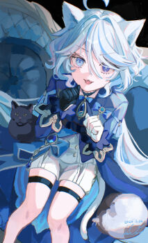 Rule 34 | 1girl, :3, absurdres, ahoge, animal ears, ascot, black cat, blue eyes, blue hair, blue jacket, cat, cat ears, commentary request, couch, dated, fangs, furina (genshin impact), genshin impact, gloves, hair between eyes, heterochromia, highres, jacket, long hair, long sleeves, looking at viewer, multicolored hair, nekono0034, on couch, open mouth, paw pose, signature, single glove, smile, solo, streaked hair, symbol-shaped pupils, vision (genshin impact), white hair