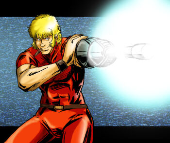 Rule 34 | 1boy, abs, arm up, armband, azuki osamitsu, belt, biceps, big nose, black border, black eyes, blonde hair, border, brown armband, brown belt, brown bracelet, cigar, clenched hands, cobra (space adventure cobra), colored eyelashes, colored skin, covered abs, energy gun, hair between eyes, holding, holding weapon, jumpsuit, large pectorals, laser, laser cannon, laser rifle, leaning, leaning forward, letterboxed, light smile, long sideburns, male focus, mechanical arms, mechanical hands, nose, pants, pectorals, psychogun, red hair, red jumpsuit, red shirt, shirt, short hair, short sleeves, sideburns, single mechanical arm, single mechanical hand, skin tight, sleeveless, sleeveless turtleneck, smile, smirk, space, space adventure cobra, toned, toned male, turtleneck, unlit cigarette in mouth, weapon, white skin, wristband