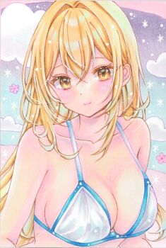 1girl bikini blonde_hair breasts closed_mouth cloud collarbone crossed_bangs double-parted_bangs hair_intakes hashtag-only_commentary highres honokaw555 large_breasts light_smile long_hair looking_at_viewer marker_(medium) original scan scan_artifacts snowflakes solo straight_hair swimsuit traditional_media upper_body white_bikini yellow_eyes