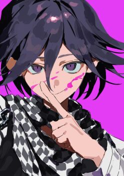 Rule 34 | 1boy, 333takoyaki, blood, blood on face, blood splatter, checkered clothes, checkered scarf, commentary, commentary request, danganronpa (series), danganronpa v3: killing harmony, flipped hair, hair between eyes, hand up, index finger raised, long sleeves, looking at viewer, male focus, medium hair, oma kokichi, pink background, pink blood, portrait, purple eyes, purple hair, scarf, short hair, smile, smirk, smug, solo, two-tone scarf