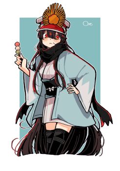 Rule 34 | 1girl, aqua background, aqua haori, artist name, black hair, black scarf, black thighhighs, border, commentary request, cosplay, dango, fate/grand order, fate (series), food, goma1021, hand on own hip, haori, highres, holding, holding food, holding skewer, japanese clothes, kimono, long hair, looking at viewer, obi, oda nobunaga (fate), okita souji (fate), okita souji (koha-ace), okita souji (koha-ace) (cosplay), okita souji (third ascension) (fate), outside border, red eyes, sanshoku dango, sash, scarf, short kimono, skewer, solo, thighhighs, very long hair, wagashi, white border, white kimono