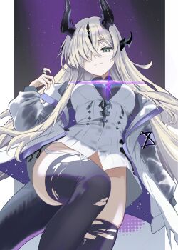 1girl absurdres arknights armband black_horns black_tail breasts coat cowboy_shot dr.lamina dragon_girl dragon_horns dragon_tail dress from_below green_eyes groin hair_over_one_eye hand_up highres horns jacket knee_up light_in_heart light_smile long_hair looking_at_viewer multiple_horns necrass_(arknights) no_panties one_eye_covered purple_armband see-through_clothes see-through_coat see-through_jacket skindentation smile solo tail thighhighs torn_clothes torn_thighhighs white_dress zipper zipper_pull_tab