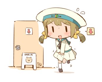 Rule 34 | 1girl, black eyes, black ribbon, black shoes, blue sailor collar, blush, bow, brown hair, chibi, clothes writing, copyright name, door, embarrassed, english text, error musume, female focus, flying sweatdrops, full body, girl holding a cat (kancolle), hair bow, hanomido, hat, have to pee, indoors, japanese text, kantai collection, kneehighs, leg up, long sleeves, miniskirt, neck ribbon, open mouth, own hands together, pleated skirt, ribbon, sailor collar, school uniform, serafuku, shoes, sign, skirt, smile, socks, solid oval eyes, solo, standing, standing on one leg, translation request, twintails, v arms, white hat, white skirt, white socks, yellow bow