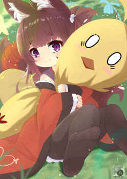 1girl amagi-chan_(azur_lane) animal_costume animal_ears azur_lane brown_hair brown_pantyhose brown_tail commentary_request fox_costume fox_ears fox_girl fox_tail japanese_clothes kimono kitsune kyuubi light_smile looking_at_viewer manjuu_(azur_lane) manjuu_abuse_(azur_lane) multiple_tails pantyhose purple_eyes red_kimono sakamarujp sitting solo tail thick_eyebrows variant_set wide_sleeves