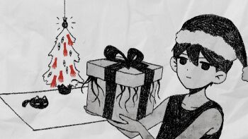 1boy black_eyes black_hair black_hat black_tank_top box cat christmas christmas_tree closed_mouth collarbone colored_skin commentary double-parted_bangs english_commentary gift gift_box hair_between_eyes hat holding holding_gift light_bulb male_focus mewo omori omori_(omori) santa_hat sapgoon short_hair solo tank_top upper_body white_skin