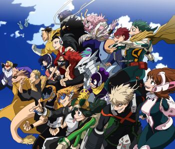 6+boys 6+girls aged_up aoyama_yuuga armor ashido_mina asui_tsuyu bakugou_katsuki bald belt bird bird black_hair blonde_hair bodysuit boku_no_hero_academia breasts brown_eyes brown_hair cape cleavage colored_skin dimples eye_mask frog_girl green_eyes green_hair hagakure_toru headset helmet heterochromia highres horns iida_tenya invisible jiro_kyoka kaminari_denki kirishima_eijirou knee_pads kouda_kouji large_breasts long_hair lumiim mask medium_hair midoriya_izuku mineta_minoru monster_boy monster_girl multicolored_hair multiple_boys multiple_girls navel no_nose ojiro_mashirao pink_hair pink_skin ponytail red_eyes red_hair satou_rikidou sero_hanta shinso_hitoshi shirt short_hair shouji_mezou sleeveless sleeveless_shirt smile sunglasses superhero_costume tail todoroki_shoto tokoyami_fumikage uraraka_ochako white_hair yaoyorozu_momo