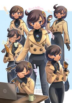 ! 1girl :3 black_bodysuit black_gloves black_hair bodysuit bodysuit_under_clothes brown_jacket clapping clenched_hands closed_eyes closed_mouth commentary computer cowlick cup dark-skinned_female dark_skin emma_(pokemon) full_body gloves grin hair_between_eyes hair_ornament hand_up hands_up highres holding holding_poke_ball jacket laptop latex latex_bodysuit long_sleeves looking_at_viewer mega_stone mug multiple_views nintendo open_mouth orange_gloves poke_ball poke_ball_(basic) pokemon pokemon_legends:_z-a purple_eyes short_hair sidelocks sitting smile standing swept_bangs table teeth translation_request two-tone_gloves upper_teeth_only watermark yomogi_(black-elf)