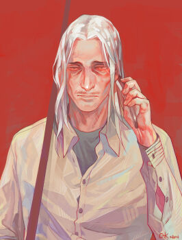 1boy black_eyes collared_shirt ctkcave facial_hair green_shirt gun holding holding_phone long_hair looking_at_viewer male_focus mature_male mustache old old_man original over_shoulder phone red_background rifle shirt simple_background solo weapon weapon_over_shoulder white_hair white_shirt