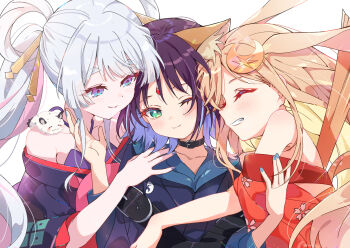 Rule 34 | 3girls, animal ears, bare shoulders, black choker, blonde hair, blue eyes, blue hoodie, cho kaguya-hime!, choker, closed eyes, closed mouth, commentary request, crescent, crescent hair ornament, forehead jewel, fushi (cho kaguya-hime!), girl sandwich, green eyes, hair ornament, hair rings, hair stick, hand on another's shoulder, highres, hood, hoodie, hug, hzs yumu, japanese clothes, kaguya (cho kaguya-hime!), kimono, long hair, looking at another, lop rabbit ears, multiple girls, nail polish, one eye closed, profile, purple hair, rabbit ears, red kimono, runami yachiyo, sakayori iroha, sandwiched, sea slug, short hair, smile, twintails, upper body, white background, white hair