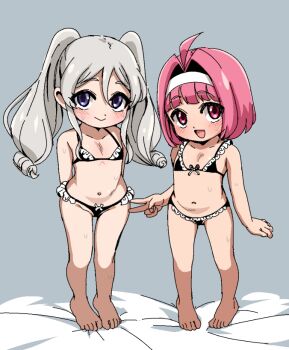 2girls :d ahoge arms_behind_back barefoot bed_sheet bikini black_bikini blush character_request closed_mouth commentary_request flat_chest frilled_bikini frills full_body grey_hair groin hair_between_eyes hair_intakes hairband highleg highleg_bikini loli long_hair looking_at_viewer mint_clark multiple_girls navel open_mouth pink_eyes pink_hair purple_eyes short_hair sidelocks smile standing stomach super_blackjack sweat swimsuit twintails v white_hairband yuuya_(blue_scarab)