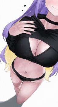 1girl black_bra black_choker black_hoodie black_nails black_panties blonde_hair bra breasts choker closed_mouth colored_inner_hair cropped_hoodie highres hololive hood hoodie large_breasts moona_hoshinova multicolored_hair navel panties purple_hair shadow smile solo star_(symbol) underwear unmeidesu virtual_youtuber white_background