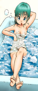 1girl bad_tag barefoot bathroom blue_hair breasts bulma dragon_ball dragonball_z feet female_focus full_body highres jpeg_artifacts nipples nude soles solo toes water