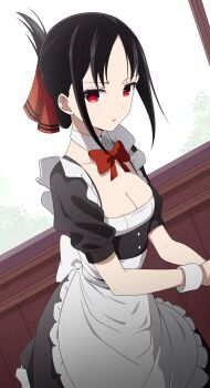 1girl absurdres apron areola_slip black_dress black_hair bow breasts cleavage collarbone coro_fae detached_collar dot_nose dress folded_ponytail frown highres kaguya-sama_wa_kokurasetai_~tensai-tachi_no_renai_zunousen~ long_hair looking_at_viewer maid maid_apron maid_headdress open_mouth paid_reward_available red_bow red_eyes shinomiya_kaguya short_sleeves small_breasts solo