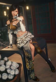 Rule 34 | 1girl, 3d, arm support, asymmetrical legwear, bare shoulders, belt, belt buckle, black hair, blurry, blurry background, breasts, buckle, chest guard, chest harness, cleavage, commentary, crop top, cropped shirt, earrings, english commentary, feather earrings, feathers, final fantasy, final fantasy vii, final fantasy vii: ever crisis, fingerless gloves, floral print, floral print skirt, flower, full body, gloves, harness, highres, jewelry, large breasts, lips, long hair, looking at viewer, low-tied long hair, midriff, multiple belts, navel, off-shoulder shirt, off shoulder, official alternate costume, parted lips, patreon username, print skirt, red eyes, shirt, side slit, sitting, skirt, solo, sreliata, tifa lockhart, tifa lockhart (golden flower kimono), white feathers, white flower