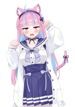 Rule 34 | 1girl, absurdres, ahoge, anchor hair ornament, anchor symbol, animal ears, blue choker, blue hair, blue hairband, blue nails, blue sailor collar, blunt bangs, blush, bow, breasts, cat ears, choker, colored inner hair, frilled sailor collar, frills, hair ornament, hairband, high-waist skirt, highres, hololive, jacket, long hair, long sleeves, looking at viewer, minato aqua, minato aqua (sailor), multicolored hair, nyan, official alternate costume, pantyhose, pink hair, purple eyes, ribbon, ribbon choker, sailor collar, school uniform, skirt, solo, tail, tail ornament, tail ribbon, take108-874, two-tone hair, virtual youtuber, white background, white pantyhose