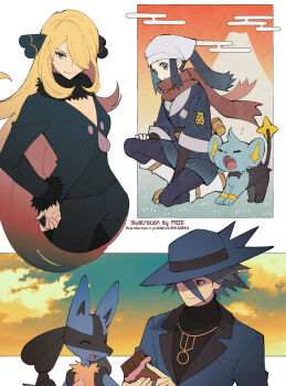 1boy 2girls akari_(pokemon) black_coat black_pants black_shirt blonde_hair blue_headwear blue_jacket candy chocolate chocolate_bar closed_mouth coat commentary_request cynthia_(pokemon) eyelashes food fur-trimmed_coat fur_trim gen_4_pokemon grass grey_eyes hair_ornament hair_over_one_eye hat headscarf highres holding jacket jewelry logo long_hair long_sleeves loose_socks lucario meiji_ken multiple_girls necklace nintendo on_one_knee pants pantyhose pokemon pokemon_(creature) pokemon_dppt pokemon_legends:_arceus riley_(pokemon) shinx shirt shoes skirt smile socks white_headscarf white_headwear white_socks