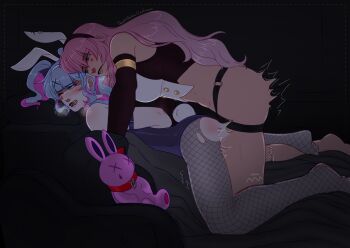 2girls abs absurdres animal_ears black_background black_leotard blue_eyes blush breasts commentary dildo earrings facial_mark fake_animal_ears fake_tail fishnet_pantyhose fishnets grey_pantyhose hatsune_miku heart heart_facial_mark highres jewelry large_breasts leotard long_hair megurine_luka multiple_girls no_shoes one_eye_closed open_mouth pantyhose pink_hair playboy_bunny rabbit_ears rabbit_hole_(vocaloid) rabbit_tail sex_toy simple_background strap-on strapless strapless_leotard stud_earrings stuffed_animal stuffed_rabbit stuffed_toy tail tempusumbra torn_clothes torn_pantyhose twitter_username very_long_hair vocaloid yuri