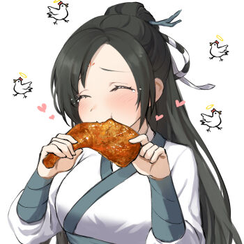 1girl aesice black_hair blush breasts chicken_(food) chicken_leg chinese_clothes closed_eyes commentary_request eating facial_mark food forehead_mark hair_bun hair_ornament hair_stick hanfu happy_tears heart highres holding holding_food legend_of_mortal long_hair long_xiang medium_breasts parted_bangs side_part single_hair_bun solo tears upper_body