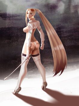 android bikini blonde_hair boots breasts clenched_hand commander_(nier:automata) crop_top from_behind gloves gradient_background hair_ornament high_heels highres holding holding_whip jacket large_breasts lipstick long_hair looking_at_viewer looking_back makeup nier:automata nier_(series) panties ponytail raulovsky red_lips swimsuit thigh_boots underwear very_long_hair whip white_boots white_gloves white_jacket white_panties