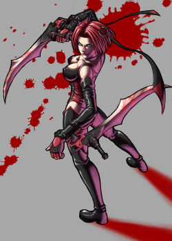 1girl black_footwear blade blood bloodrayne bloodrayne_(videogame) blue_eyes breasts cleavage dhampir dual_wielding elbow_gloves full_body gloves grey_background half-human holding holding_weapon jewelry looking_at_viewer makeinu medium_breasts necklace red_hair short_hair solo standing undead vampire weapon