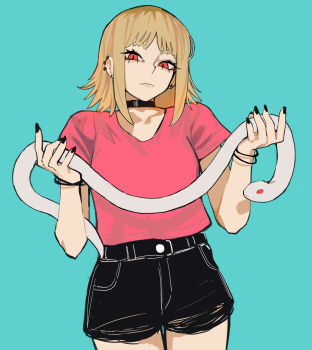 1girl animal black_choker black_nails black_shorts blonde_hair blue_background bracelet chainsaw_man choker ear_piercing highres holding holding_animal holding_snake jewelry looking_at_viewer piercing red_eyes red_shirt sailen0 sawatari_akane_(chainsaw_man) shirt short_hair shorts slit_pupils snake