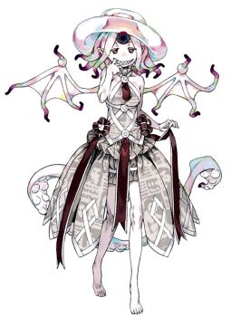 1girl bare_arms bare_legs bare_shoulders breasts commentary_request cowboy_shot demon_girl demon_tail demon_wings dress frilled_dress frills full_body gradient_hair grey_dress grin haimura_kiyotaka hair_bun hand_to_own_mouth headgear high_collar hole_in_head horizontal_pupils large_breasts looking_at_viewer multicolored_eyes multicolored_hair necktie novel_illustration official_art pale_skin pink_hair pointy_ears purple_eyes qliphah_puzzle_545 rags red_necktie red_ribbon ribbon sharp_teeth sideboob sleeveless smile solo squid_girl symbol-shaped_pupils tail teeth tentacle_hair tentacles third-party_source tiptoes toaru_majutsu_no_index toaru_majutsu_no_index:_new_testament v-shaped_eyebrows white_background wings yellow_pupils