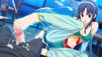 10s 1boy 1girl arabian_clothes barefoot black_hair censored cum cum_on_body cum_on_lower_body ejaculation feet footjob fukami_nagisa game_cg hetero highres koutaro long_hair mosaic_censoring open_mouth penis protagonist_(tropical_vacation) toes tropical_kiss tropical_vacation twinkle_(company)